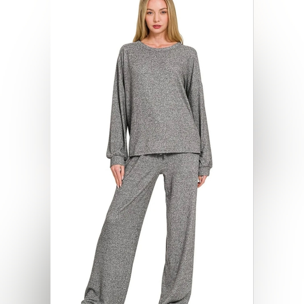 Zenana Soft Melange Hacci Long Sleeve Tee & Pant Lounge Set Small Black